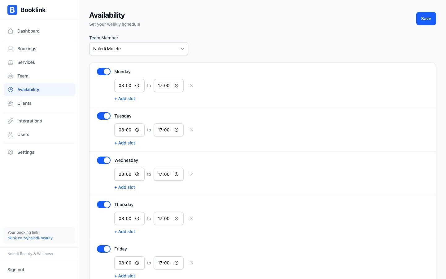 Booklink weekly availability schedule showing working hours per day