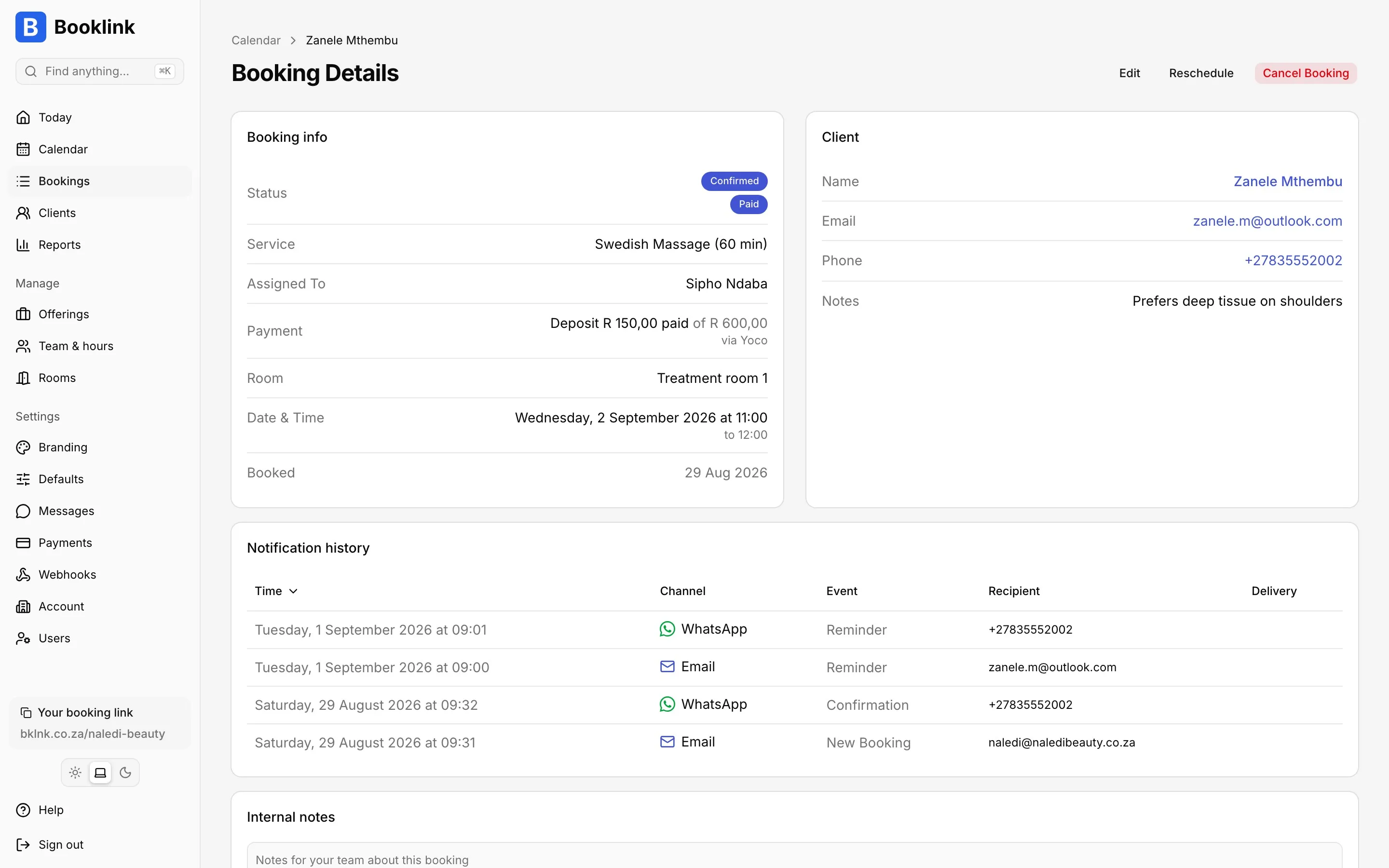 A confirmed Booklink booking showing a R150 deposit of a R600 service paid via Yoco, and a notification history with a WhatsApp confirmation and a WhatsApp reminder