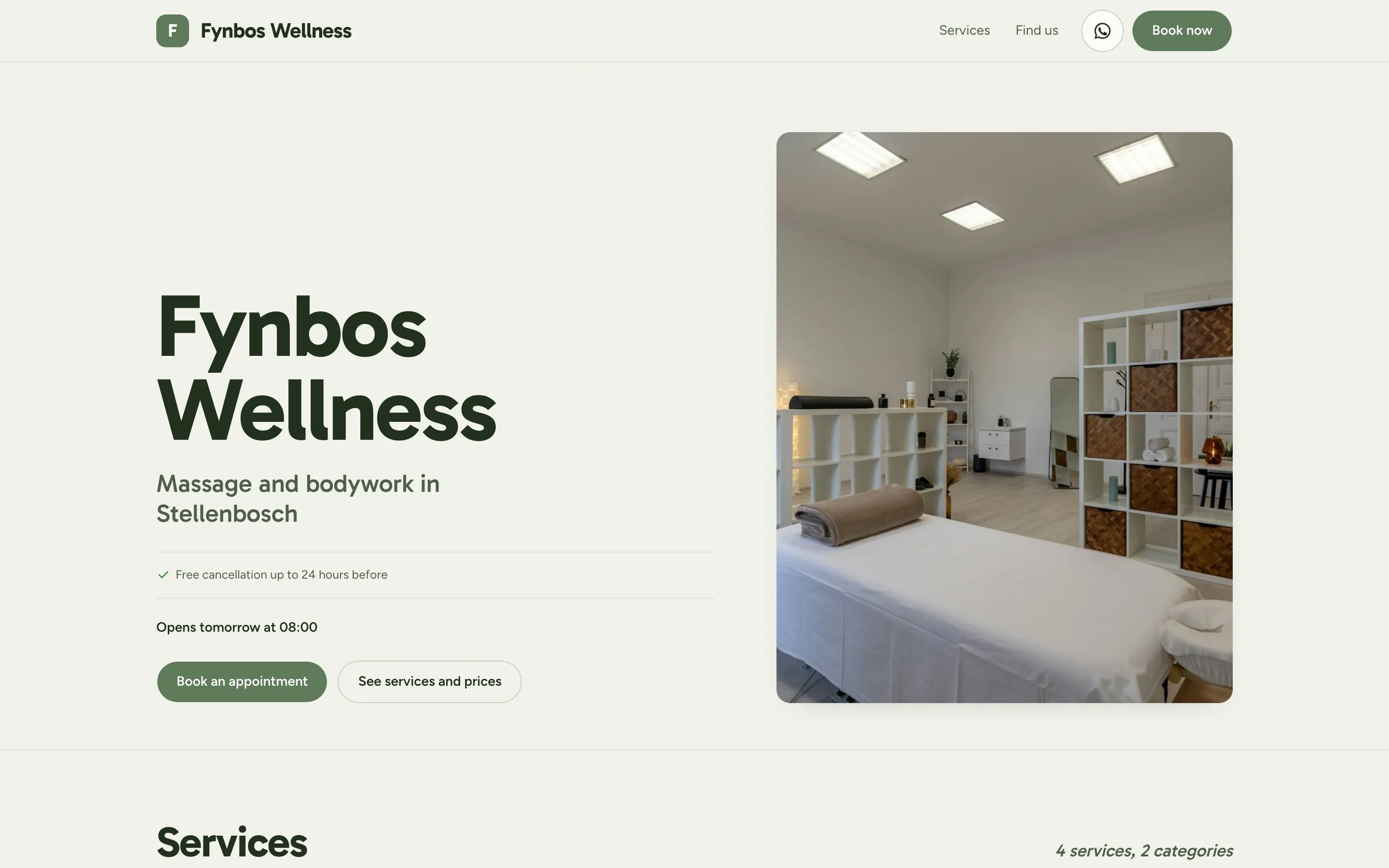 A Booklink booking page for a massage studio in the Botanic theme