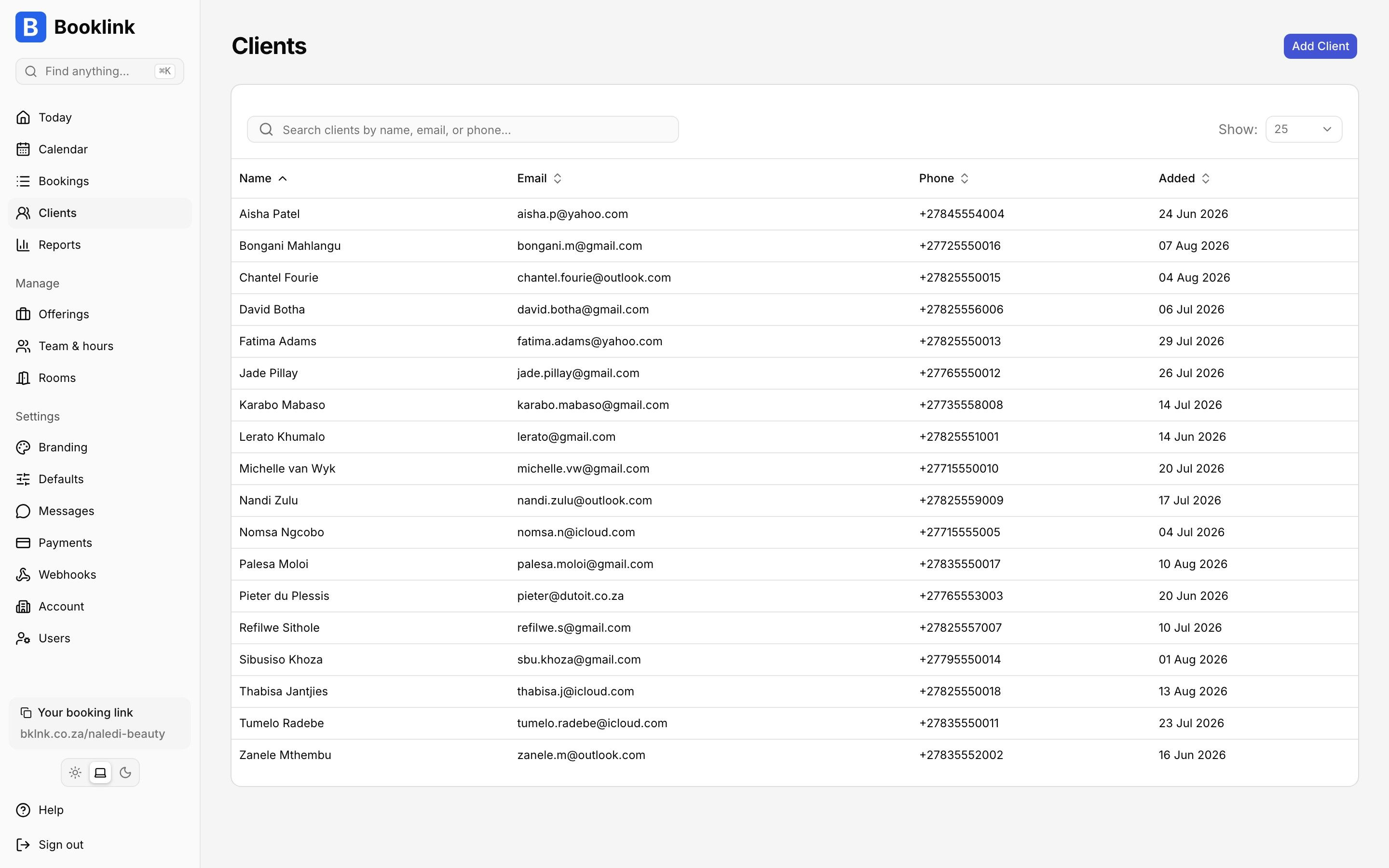 Booklink client list showing contact details and booking history per client