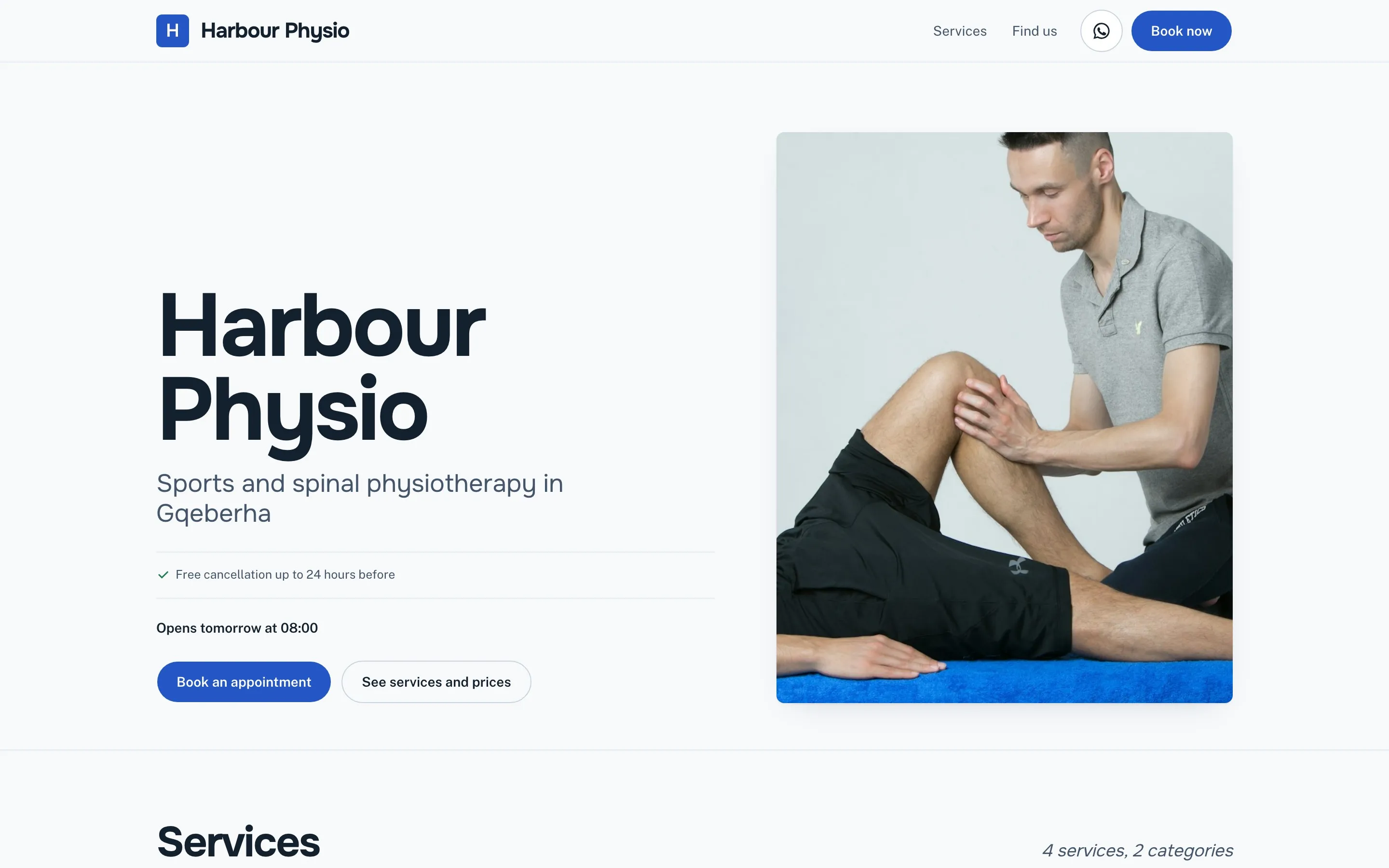 A Booklink booking page for a physiotherapy practice in the Clinic theme