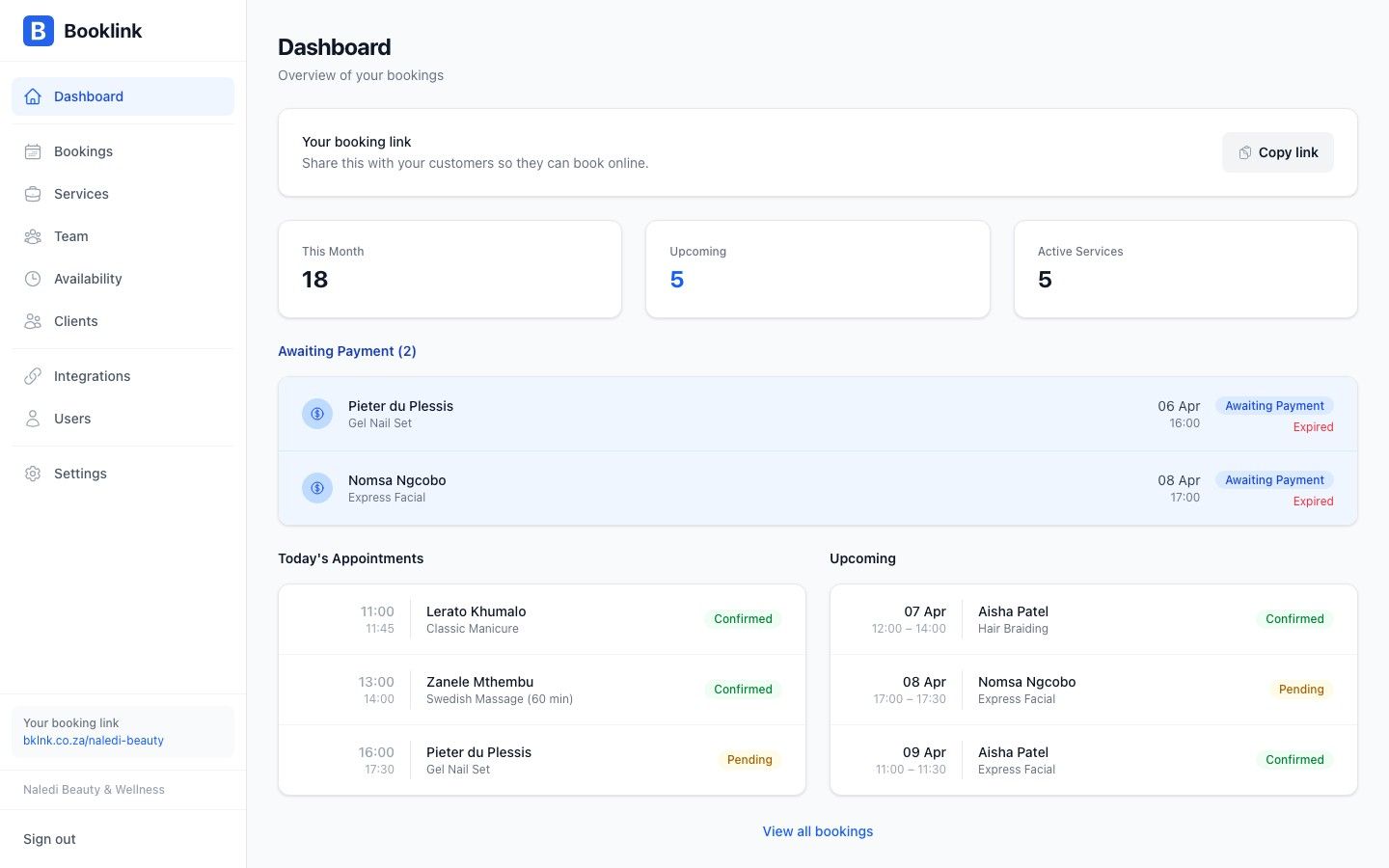 Booklink dashboard overview showing today's appointments, upcoming bookings, and revenue summary