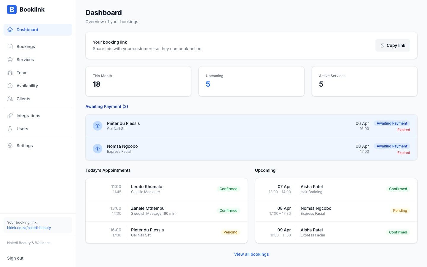 Booklink dashboard showing upcoming bookings for a South African service business
