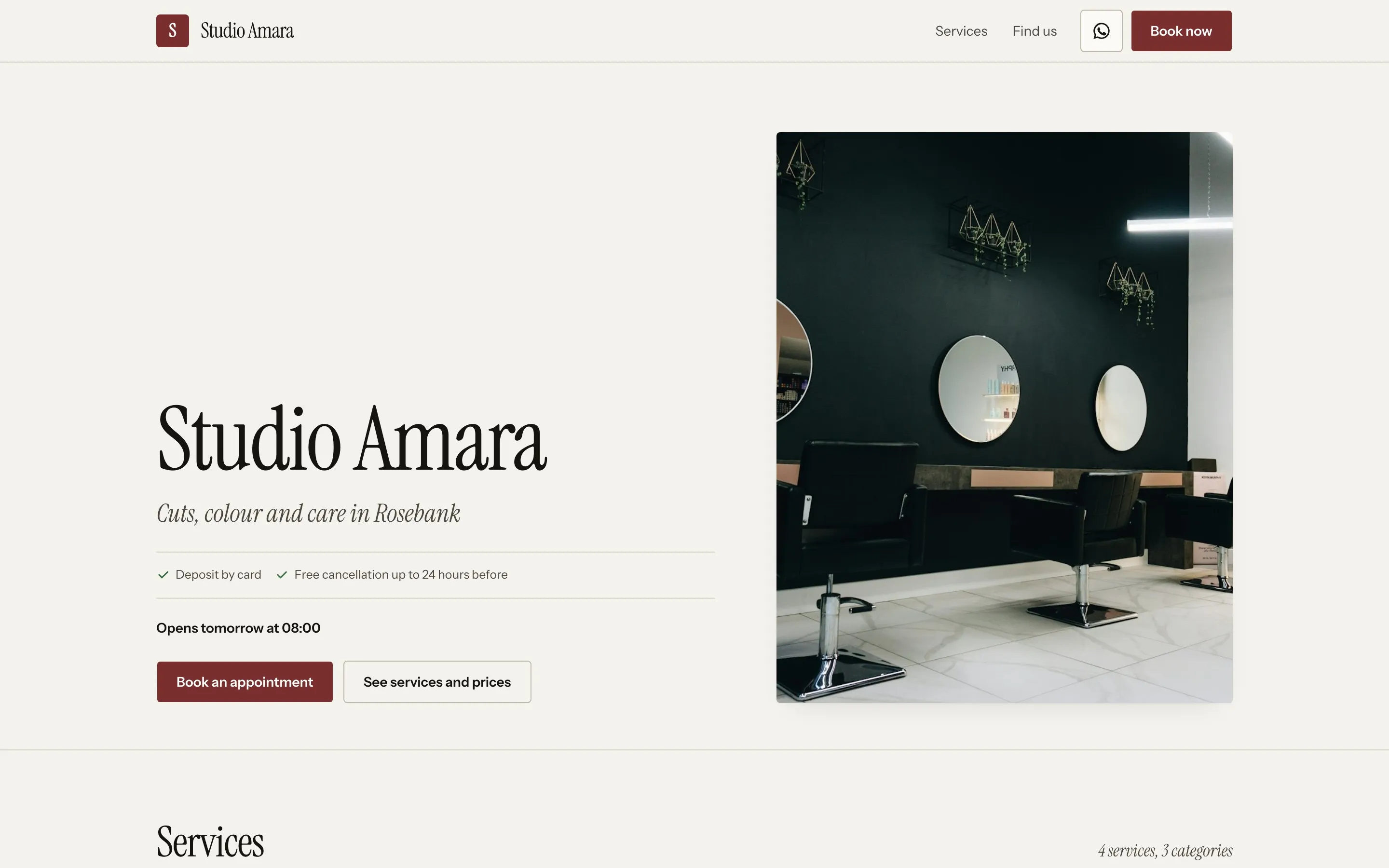 A Booklink booking page for a hair salon in the Editorial theme