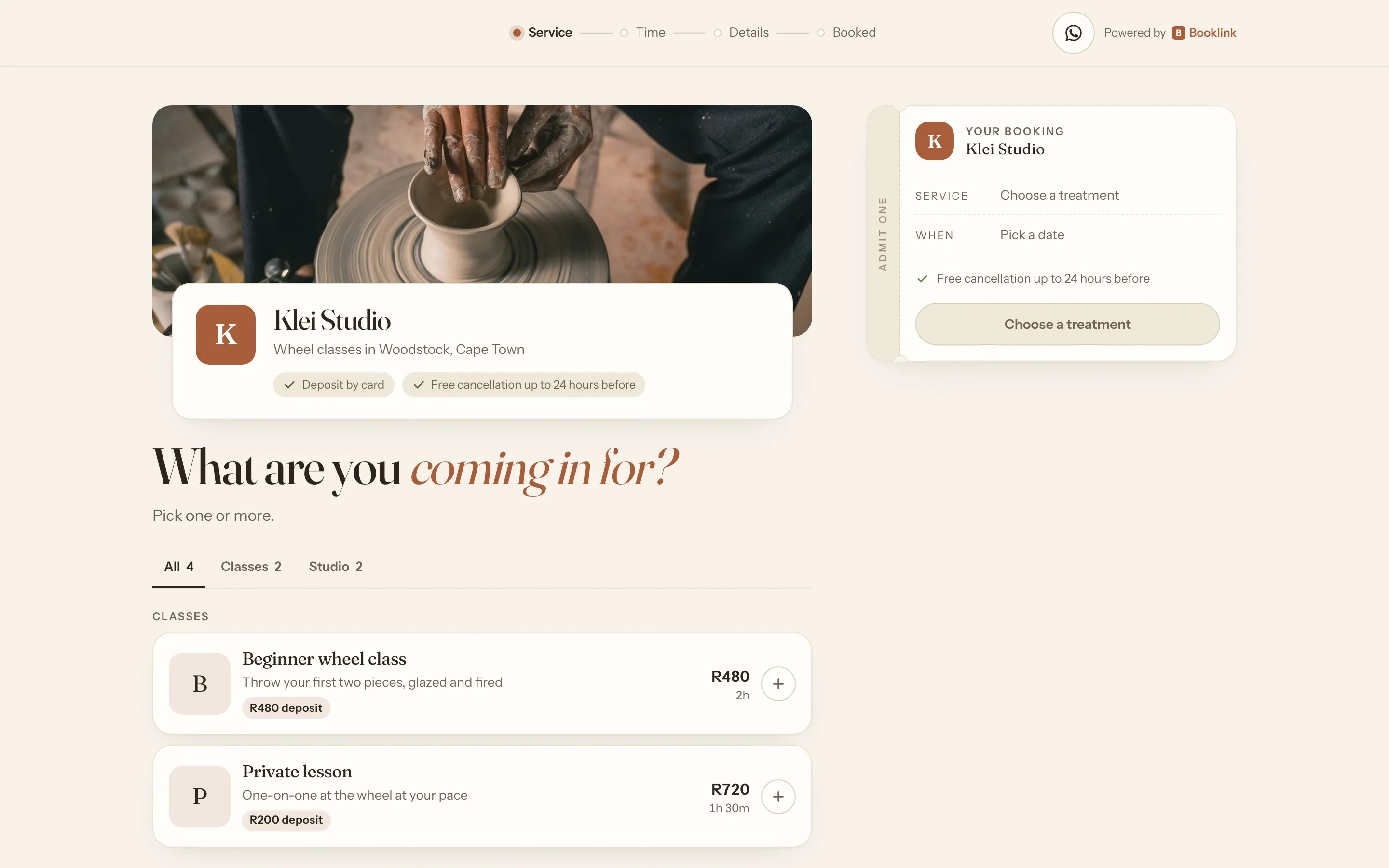 A pottery studio booking page in the Concierge layout asking what the client is coming in for, with a booking ticket beside it