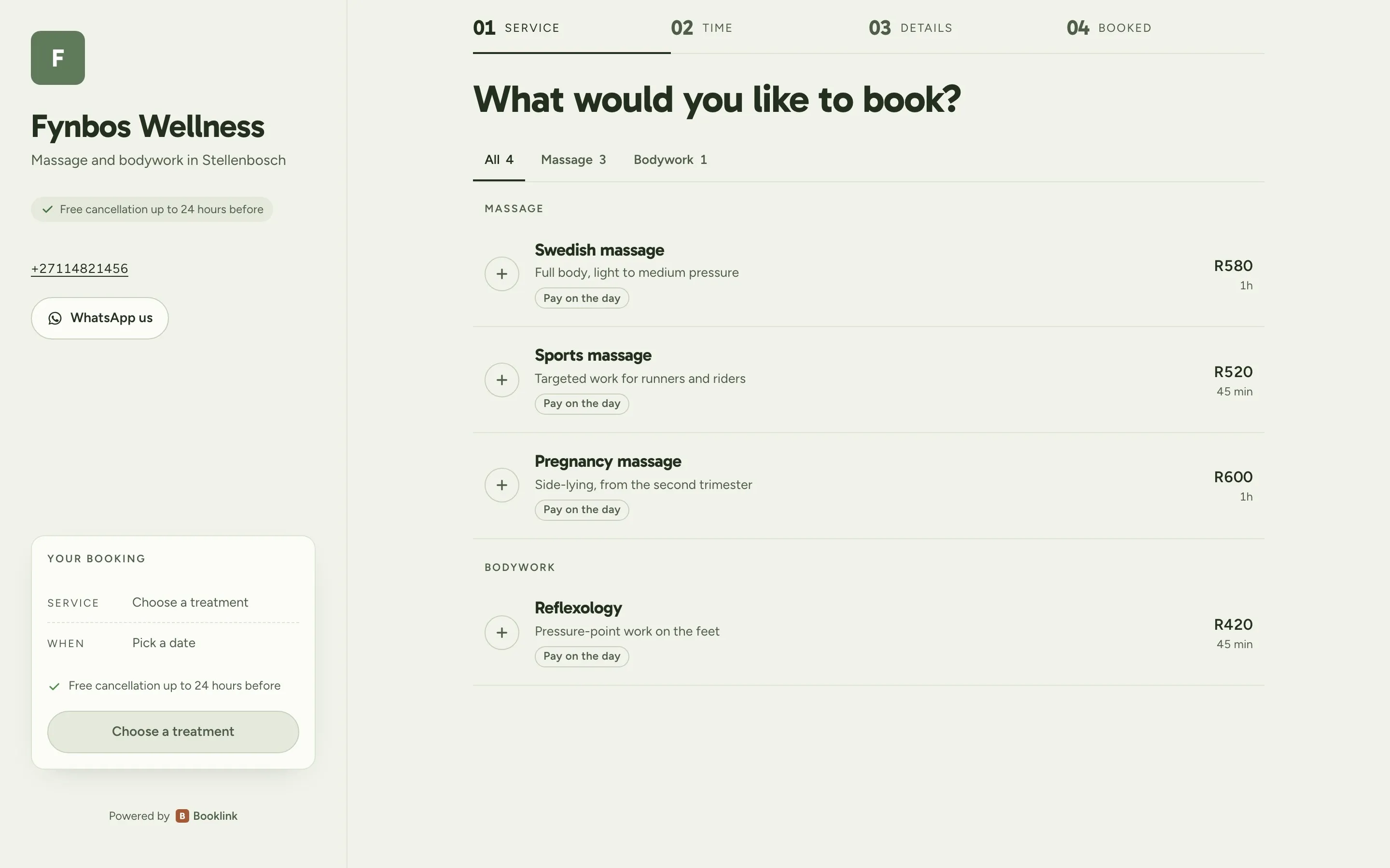 A massage studio booking page in the Quick book layout with the business beside a list of services and prices