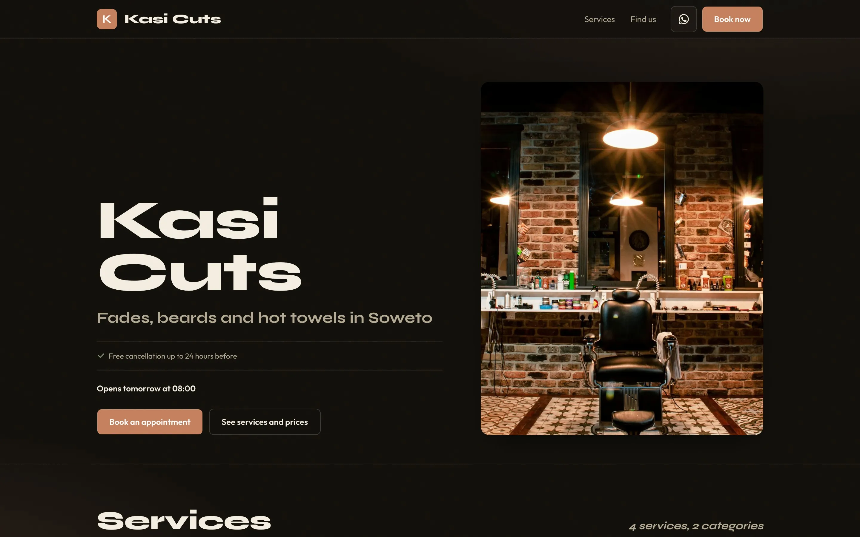 A Booklink booking page for a barbershop in the Marquee theme