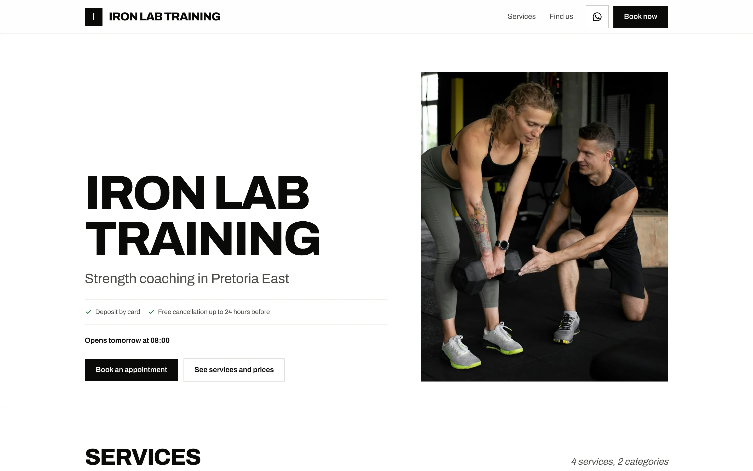 A Booklink booking page for a personal trainer in the Mono theme