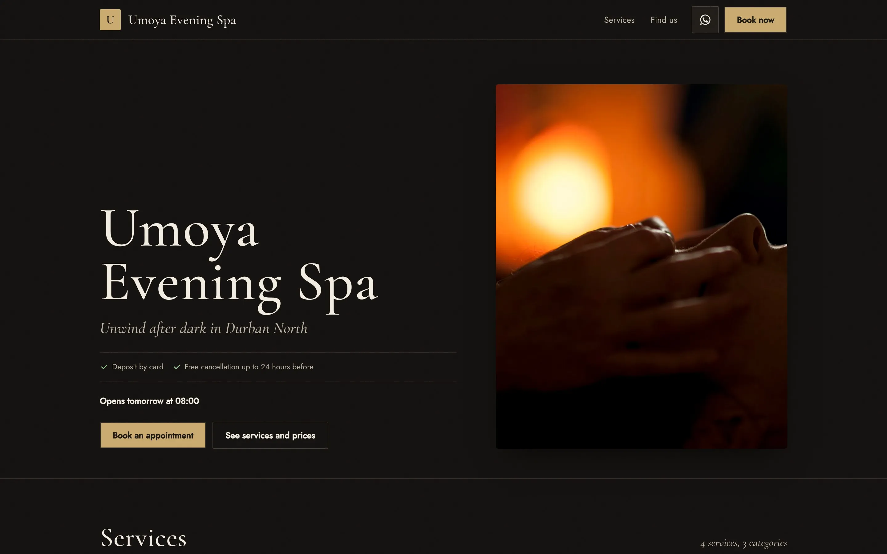 A Booklink booking page for an evening spa in the Noir theme