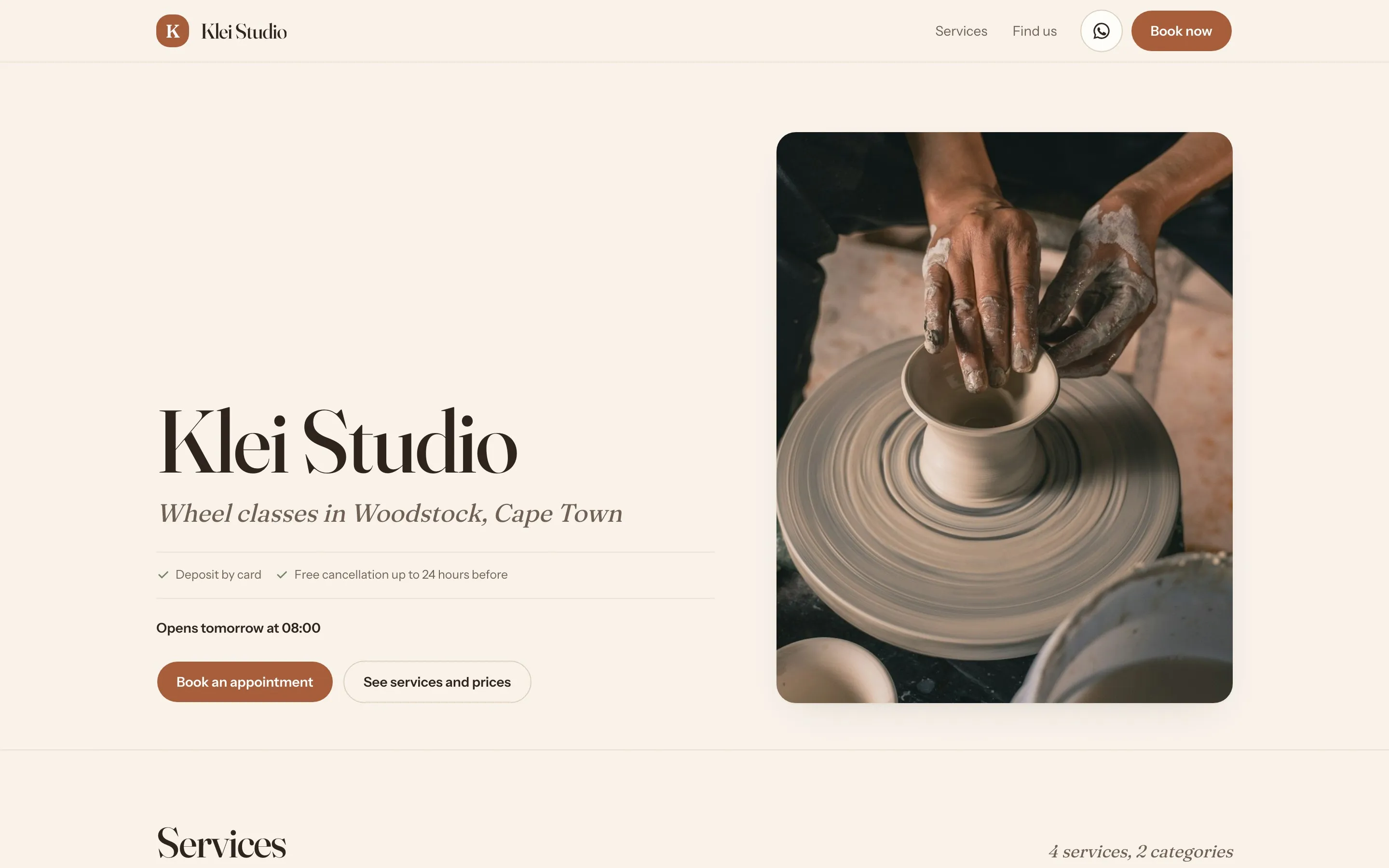 A Booklink booking page for a pottery studio in the Paper theme