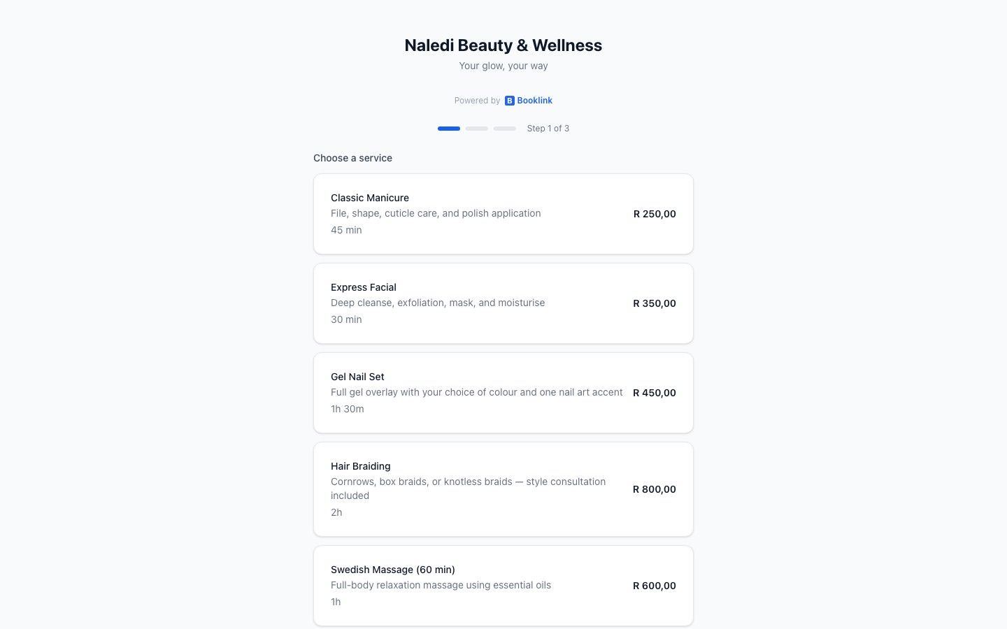 Booklink public booking page showing services and pricing in ZAR for a South African service provider