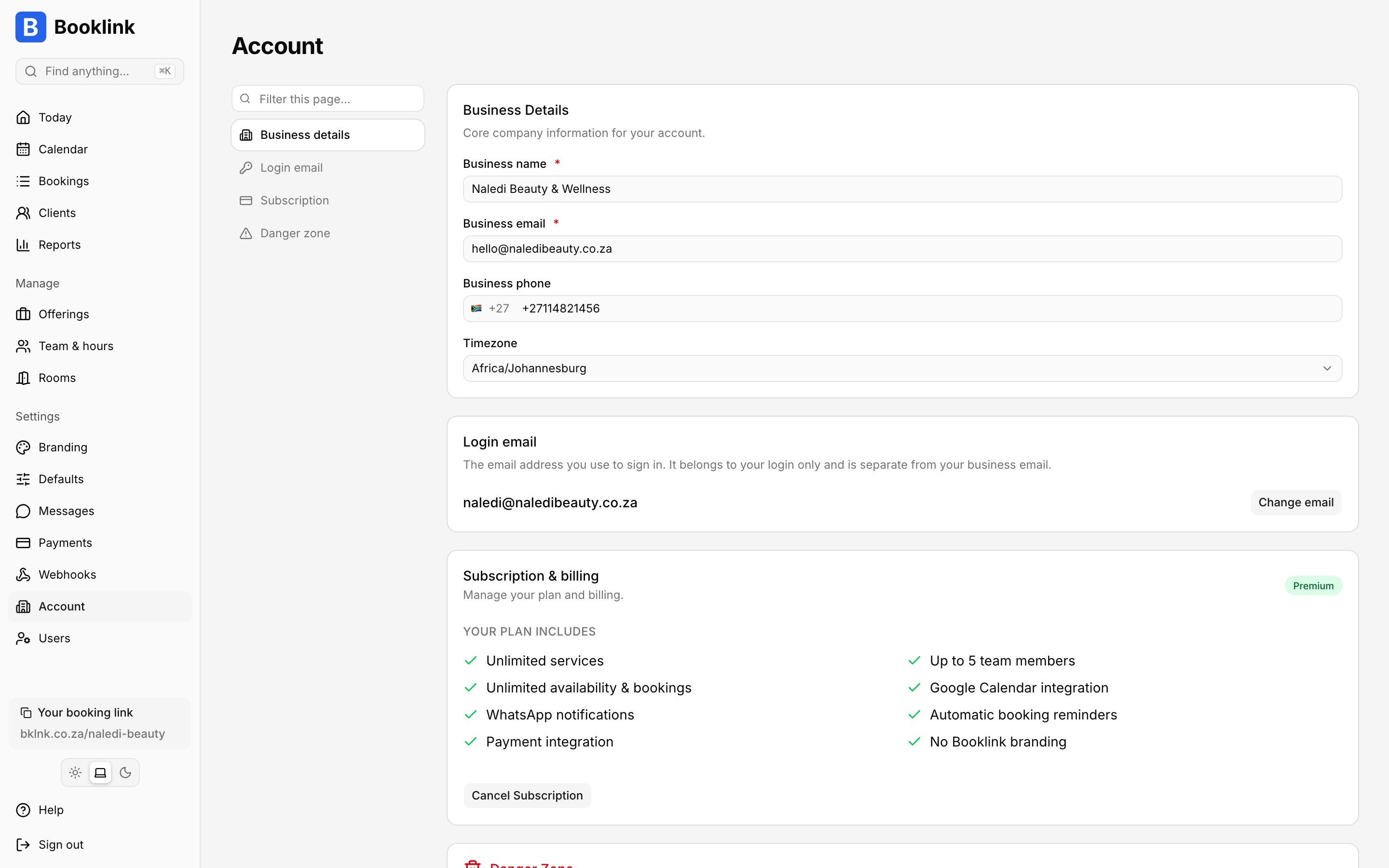 The Booklink Account settings screen showing business details, the separate login email, the subscription and billing card, and a Danger zone section in the page navigation