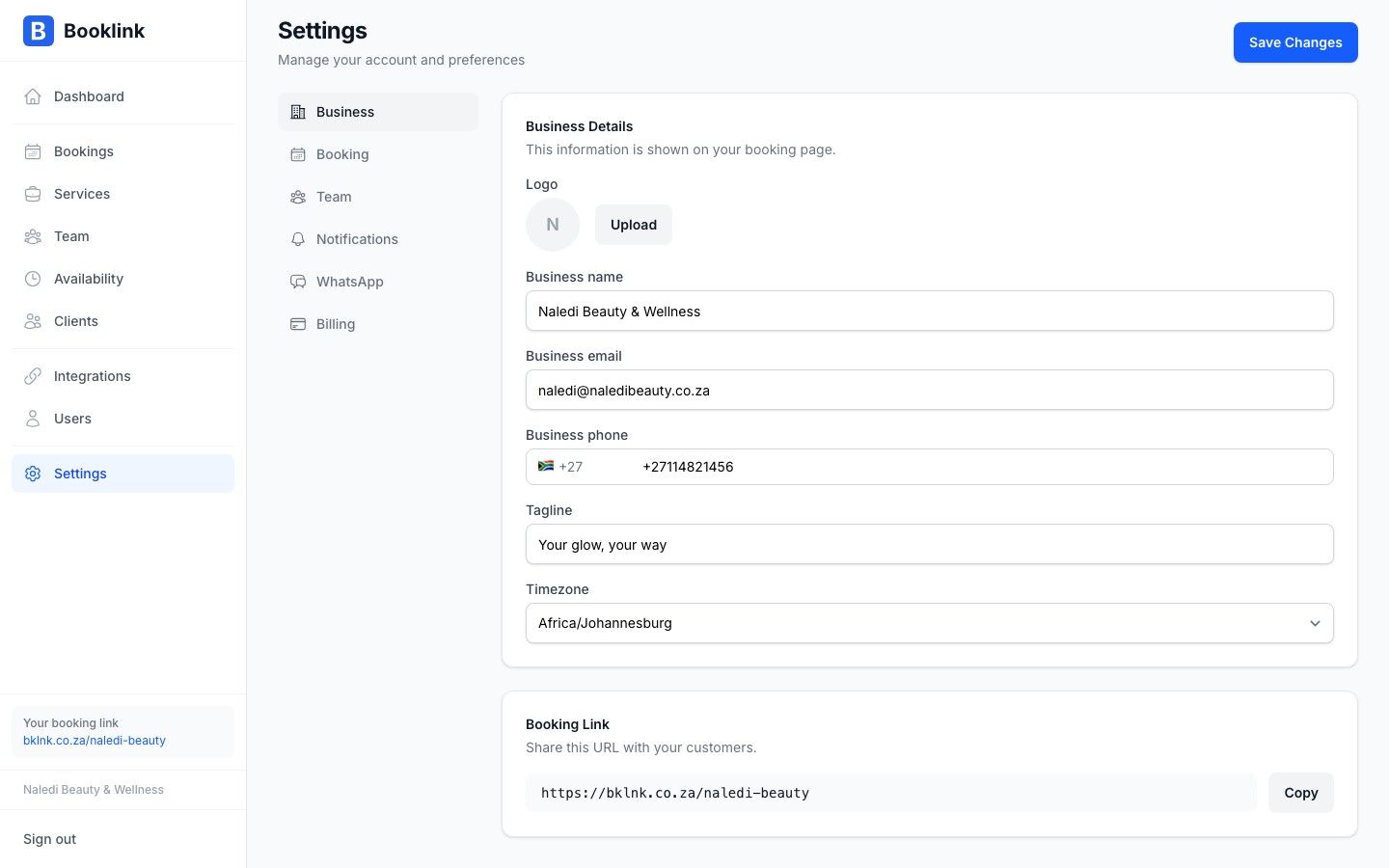 Booklink account settings danger zone showing account and client data deletion options for POPIA compliance