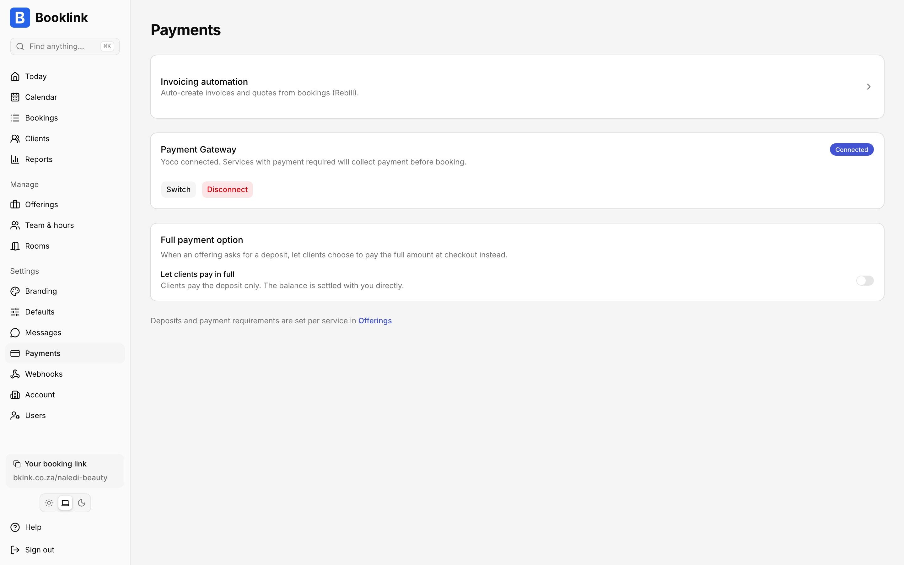 Booklink payments integration screen showing a connected Yoco, Paystack, PayFast, or iKhokha gateway