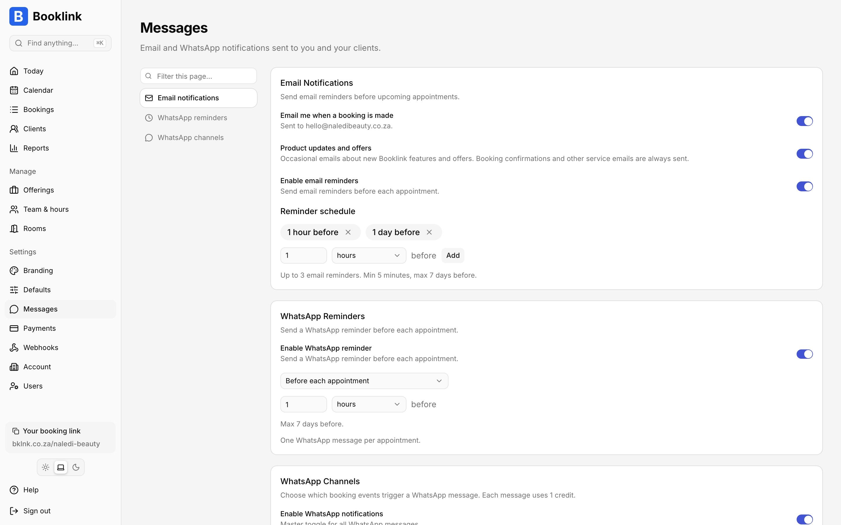 Booklink WhatsApp credits and reminder settings screen