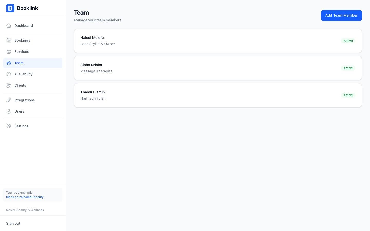 Booklink team management screen listing staff members with roles and availability