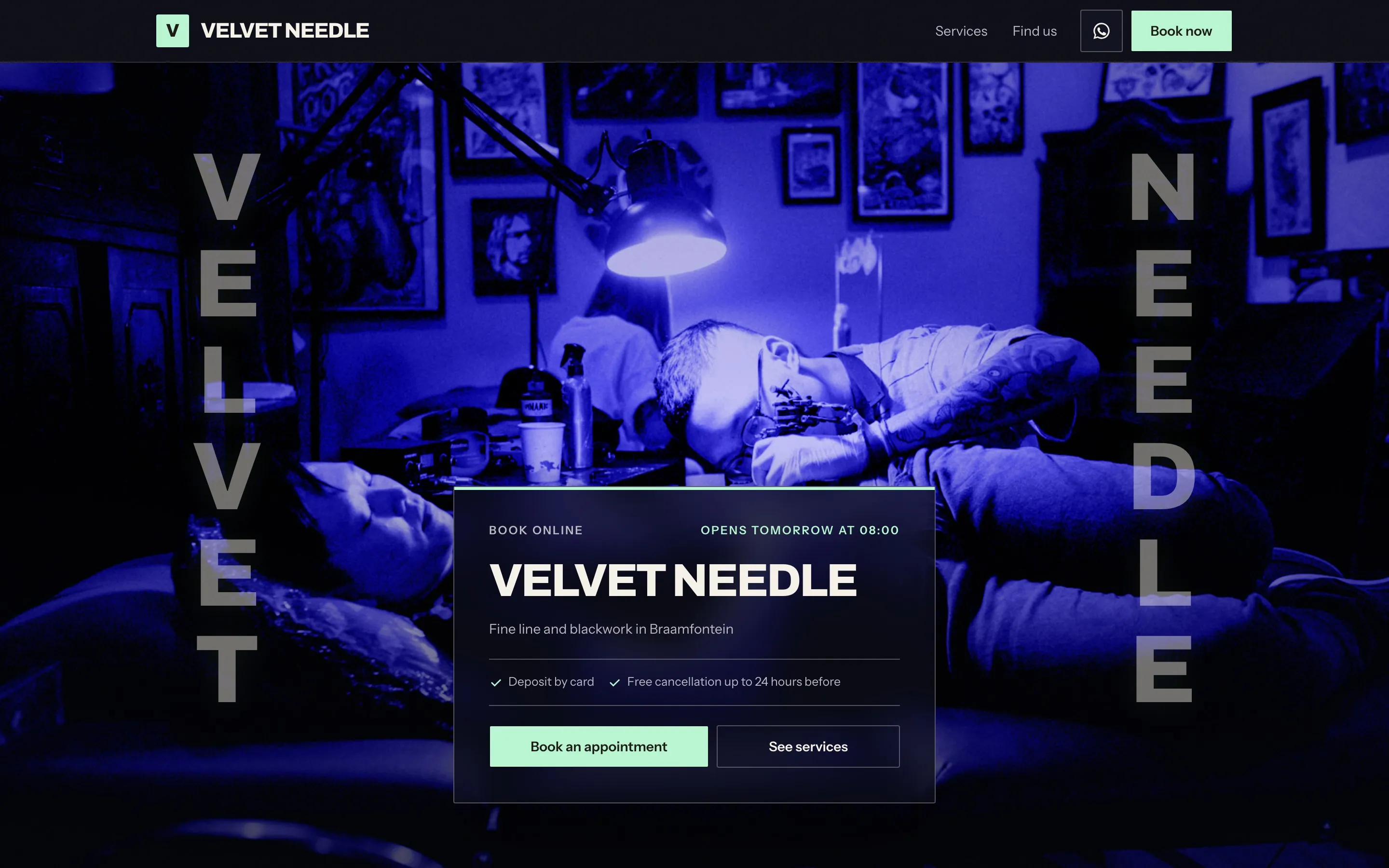 A Booklink booking page for a tattoo studio in the Title Card theme