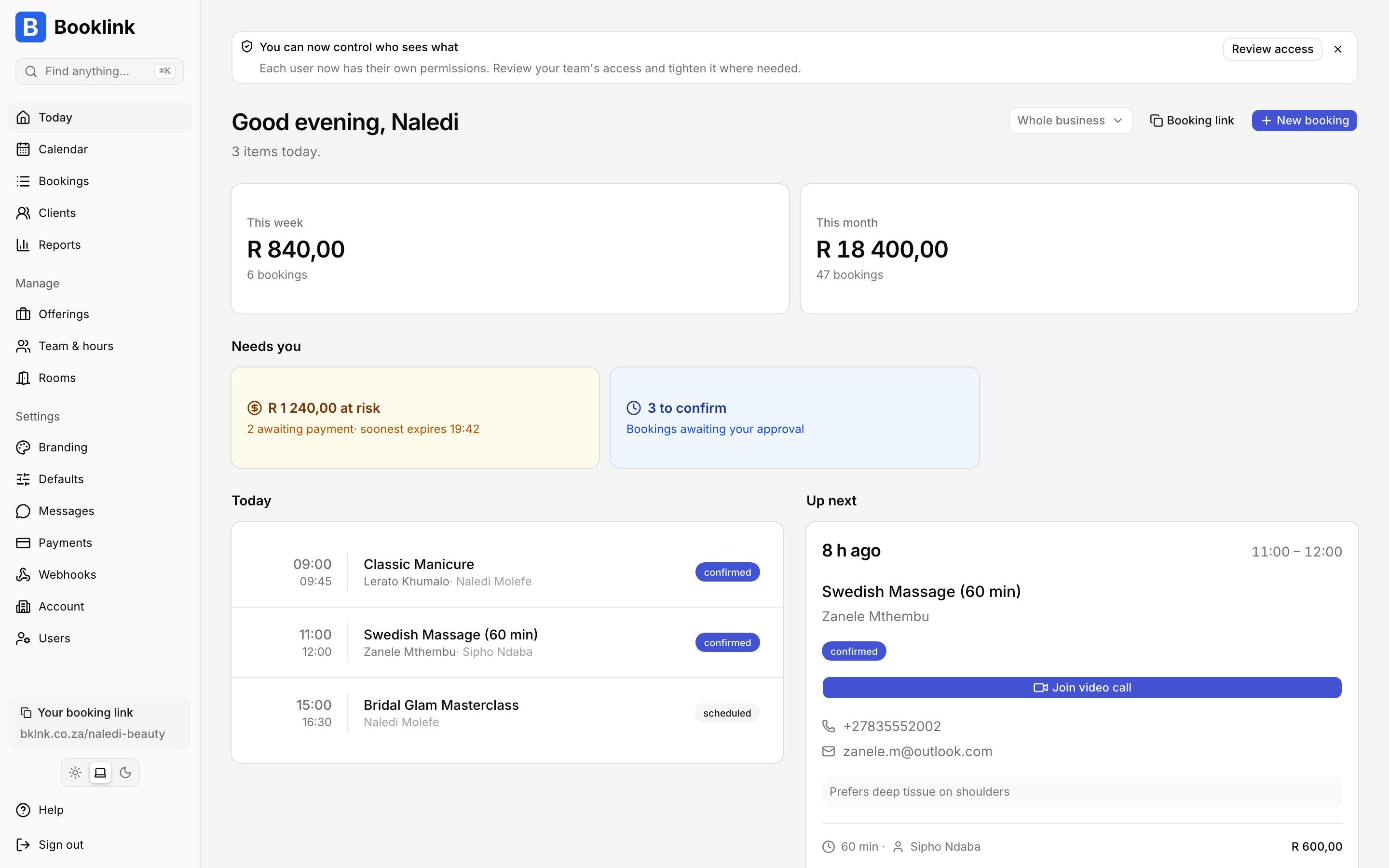 Booklink dashboard showing upcoming bookings for a South African service business
